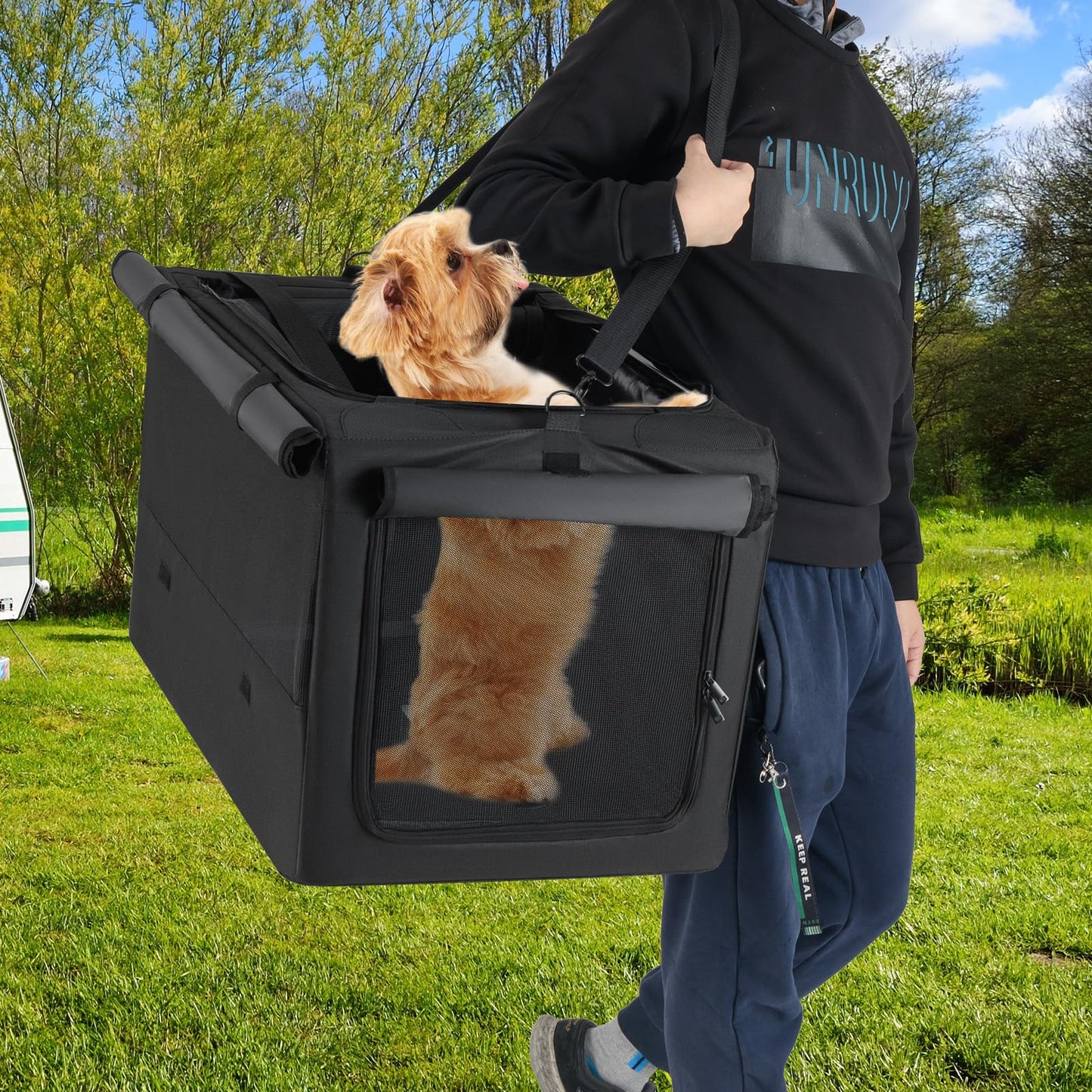 Foldable Pet Carrier Bag with 2 Openings & Expandable Mesh Basket