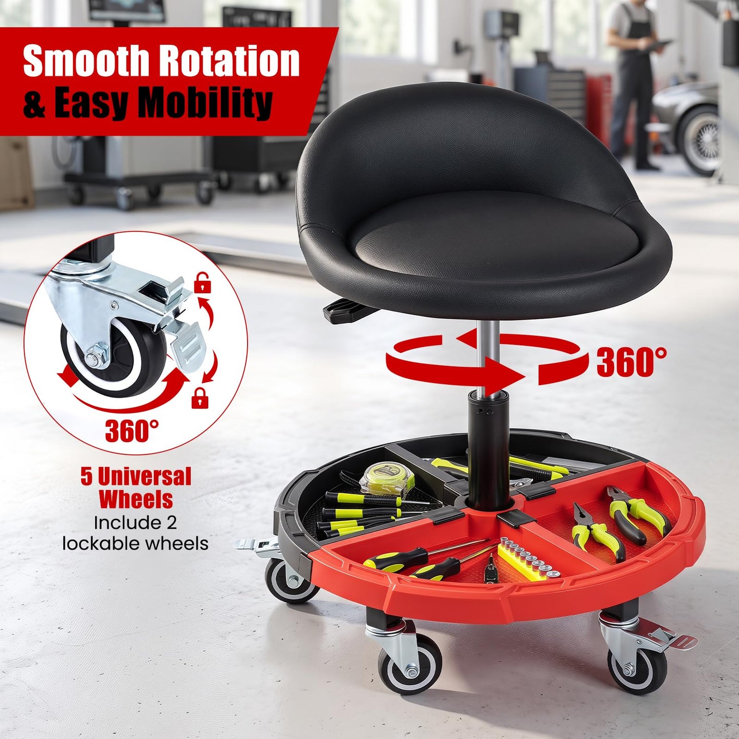 150 KG Max Weight Capacity 360° Rolling Mechanic Stool with Tool Storage Tray Backrest