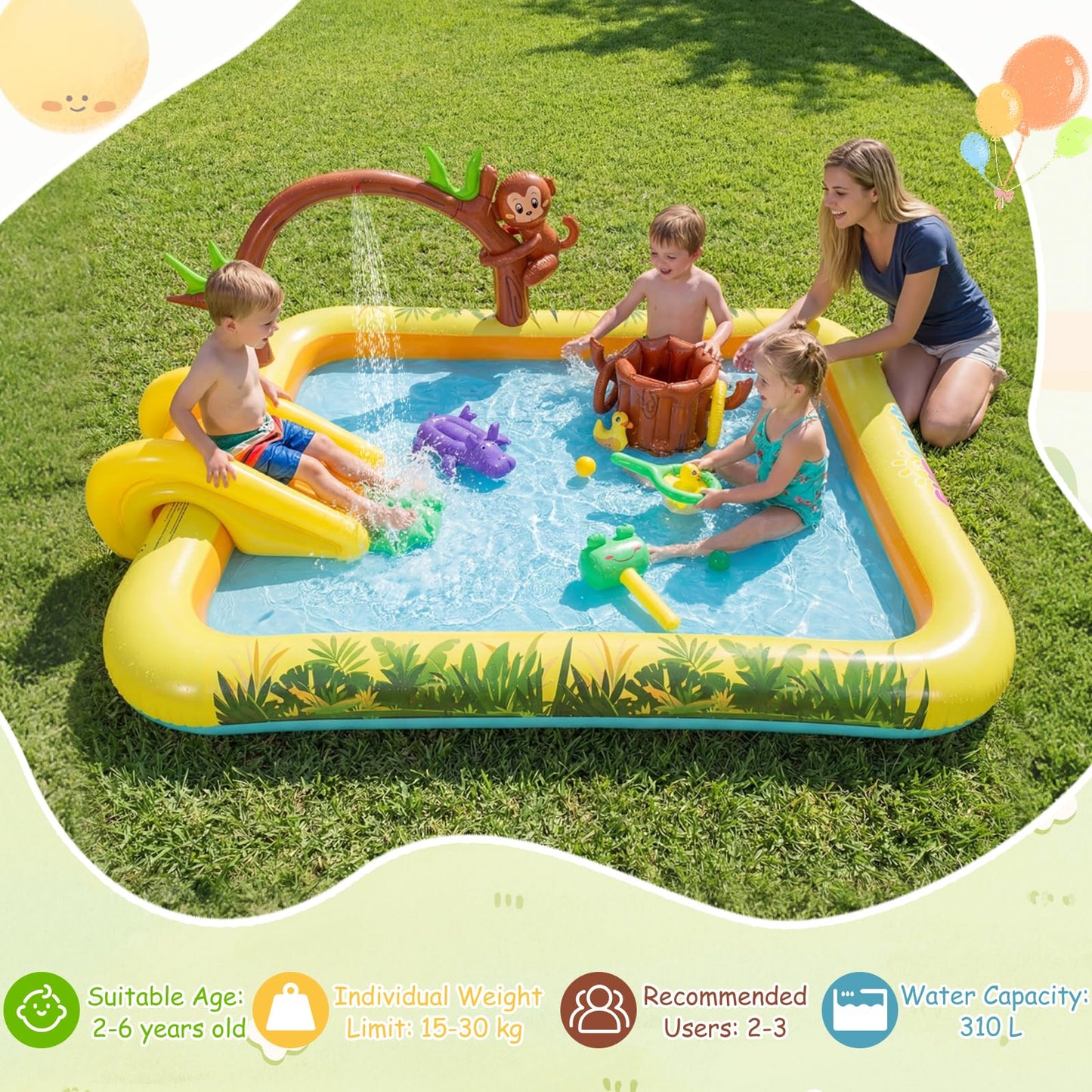 Inflatable Play Center, Jungle Animal Spray Paddling Pool with Slide & Sprinkle