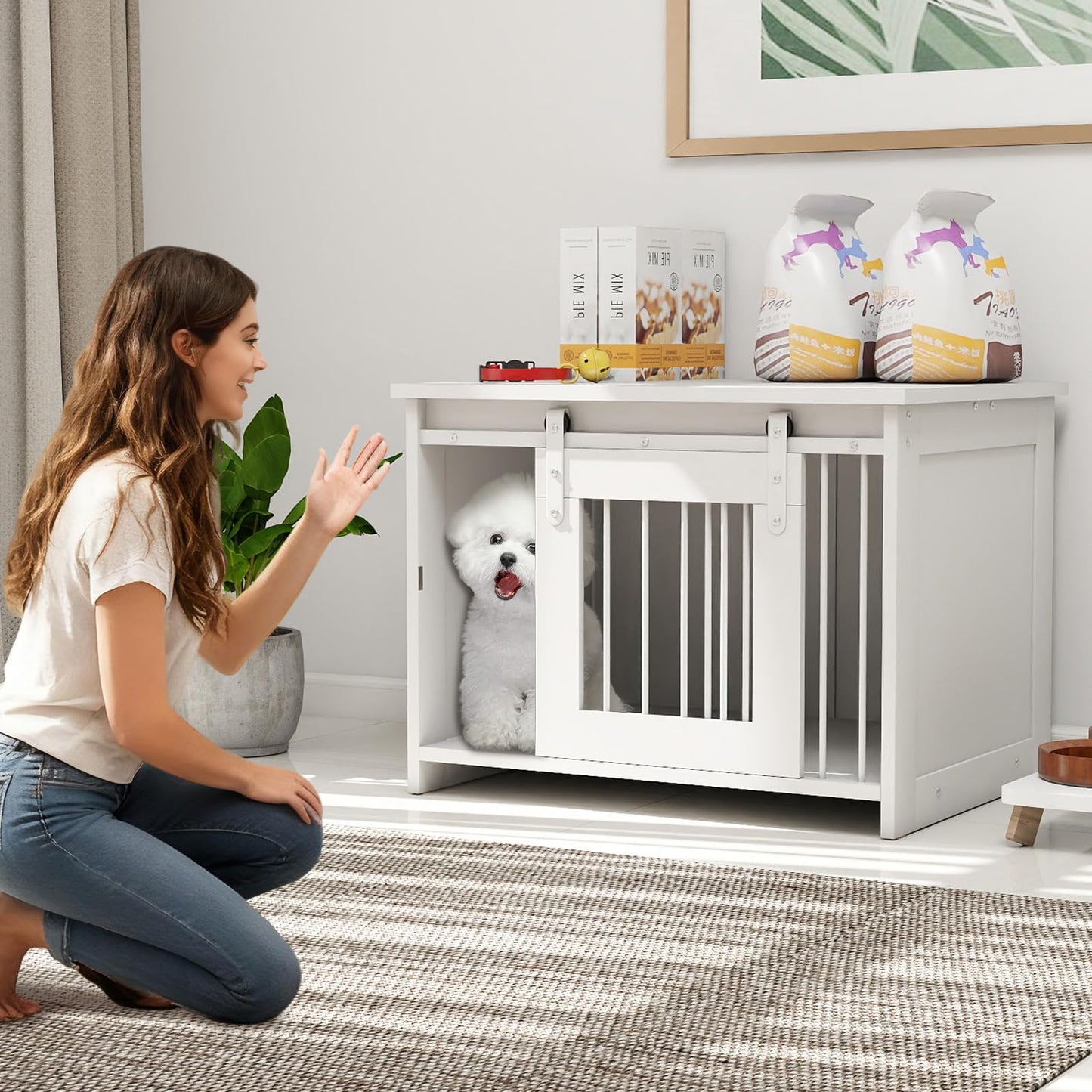 Modern Dog Crate Wooden Dog Cage with Wide Tabletop and Door