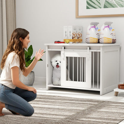 Modern Dog Crate Wooden Dog Cage with Wide Tabletop and Door