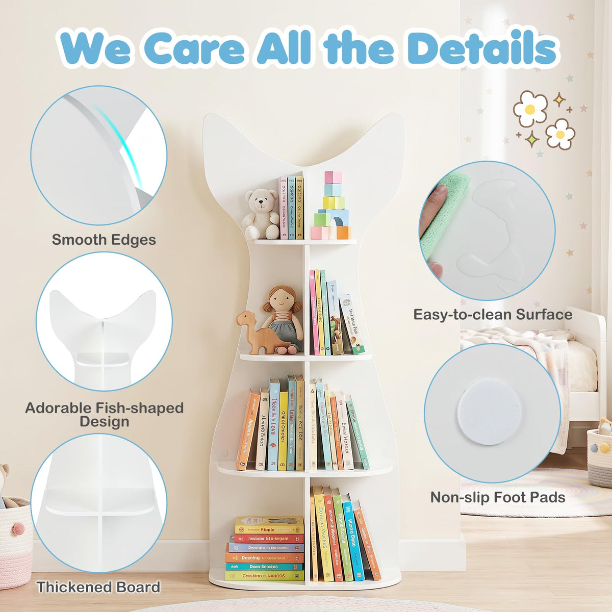 Fish-Shaped Kids Bookshelf with Open Shelves for Playroom
