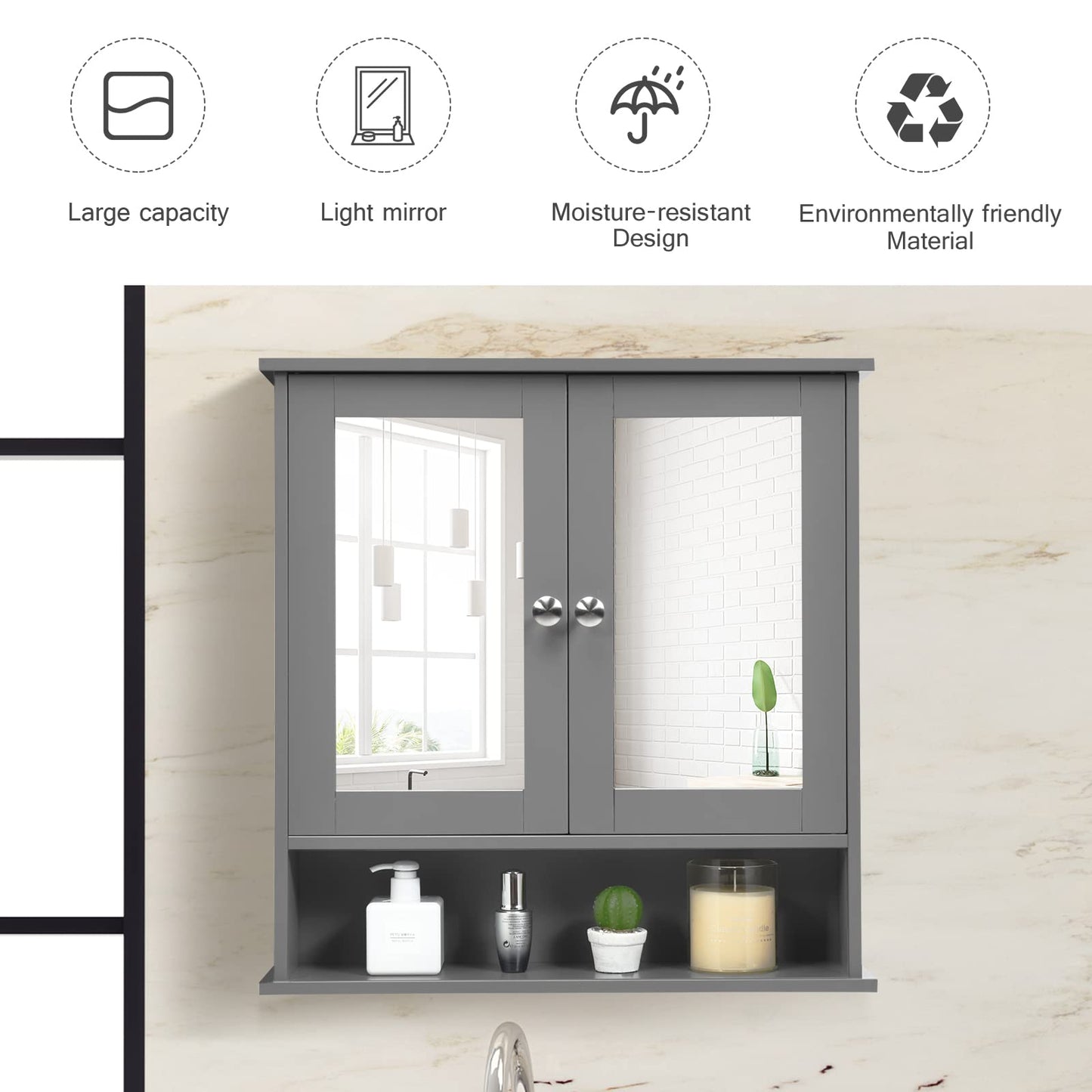 Double Door Wall Mounted Storage Cupboard with Adjustable Shelf and Compartment