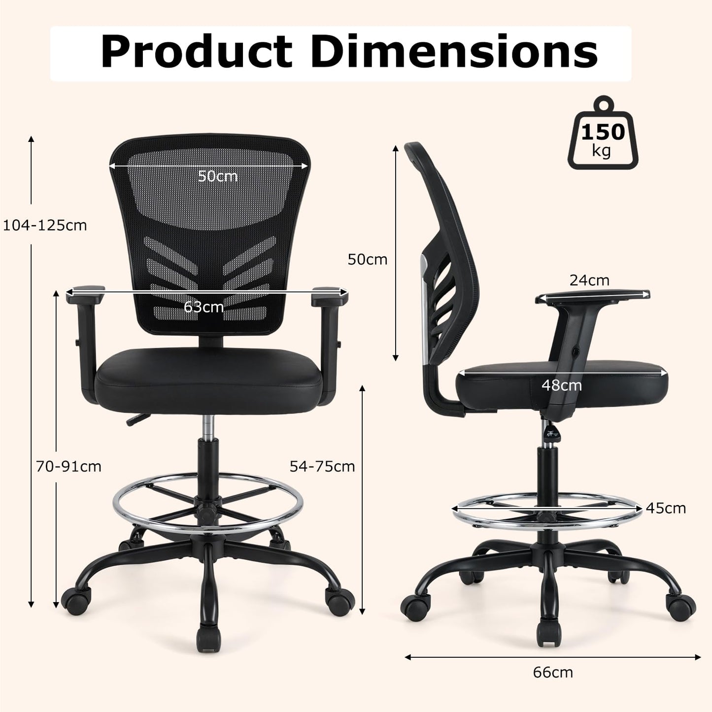 Height-adjustable Drafting Chair with Adjustable Armrests and Footrest Ring