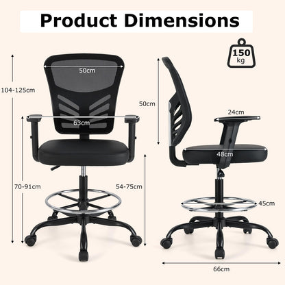 Height-adjustable Drafting Chair with Adjustable Armrests and Footrest Ring