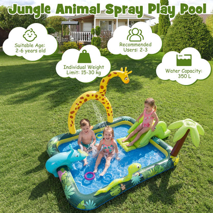 Inflatable Play Center, Jungle Animal Spray Paddling Pool with Slide & Sprinkle