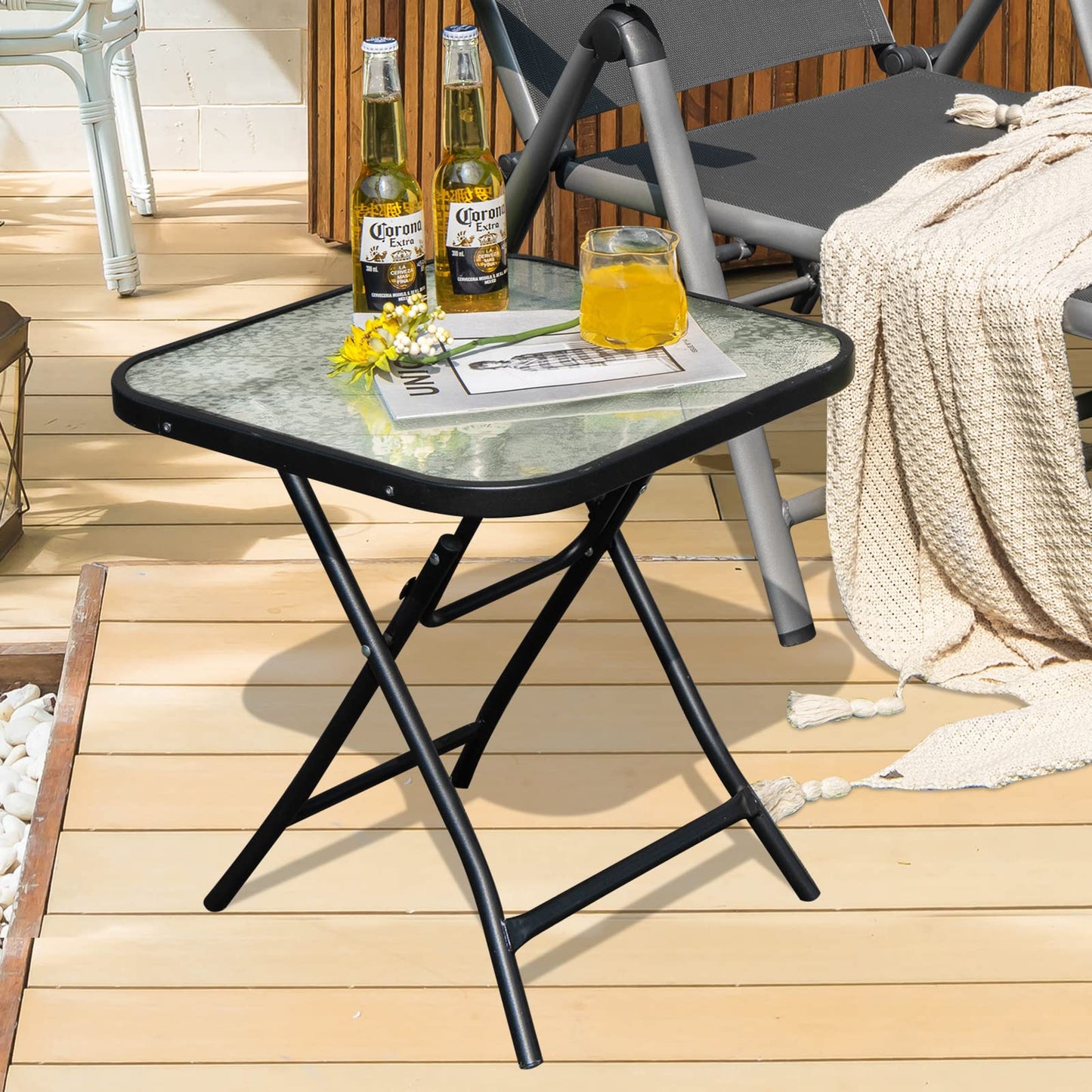 46cm Folding Garden Tempered Glass Top Square Side Table