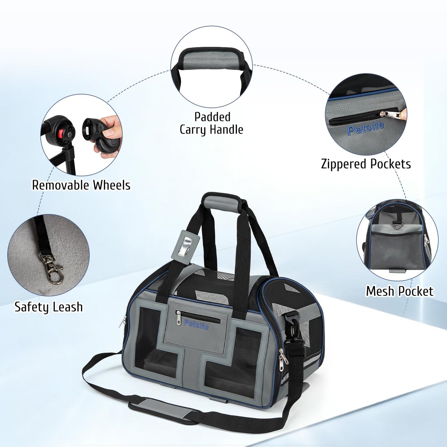 Foldable Rolling Pet Carrier with Wheels and Padded Carry Handle