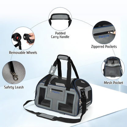 Foldable Rolling Pet Carrier with Wheels and Padded Carry Handle