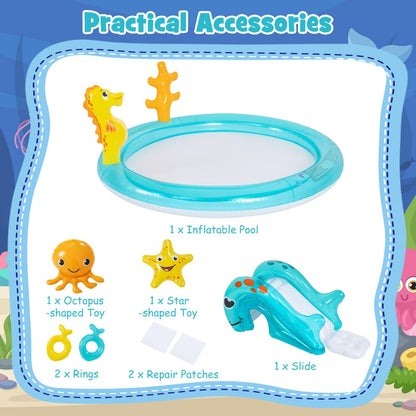 Inflatable Play Center, Marine Life Spray Paddling Pool with Slide & Sprinkle