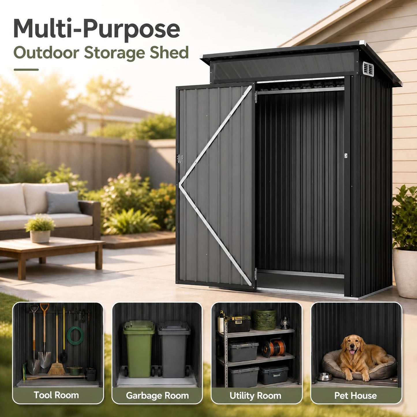 5 x 3FT Metal Garden Storage Shed with PC Panel & Lockable Door