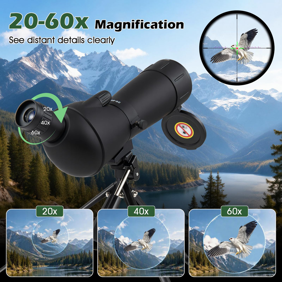 20-60x60 HD Spotting Scope with Tripod and Phone Adapter for Birds