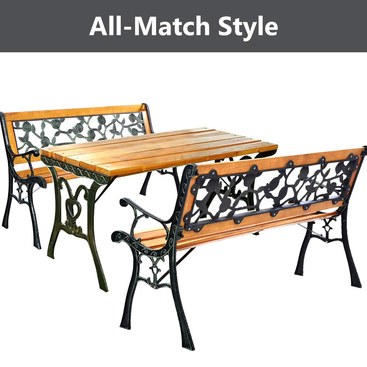 Solid Wood Slatted Seat Loveseat Park Bench Flat Back with Rose Pattern