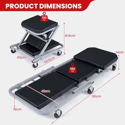 6 Rotatable Wheels, Z-Creeper Seat, Padded Mechanics Creeper Stool