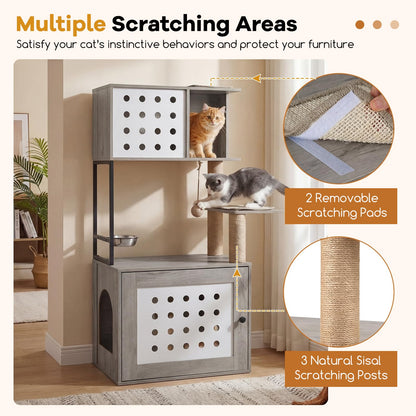 Cat Litter Box Enclosure Cat Tree Play Tower| Cats House Activity Center Hidden Washroom Toilet