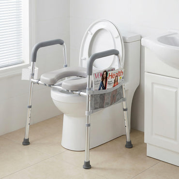 Adjustable Height and Width Raised Toilet Seat for Seniors with Padded Arms and Storage Bag