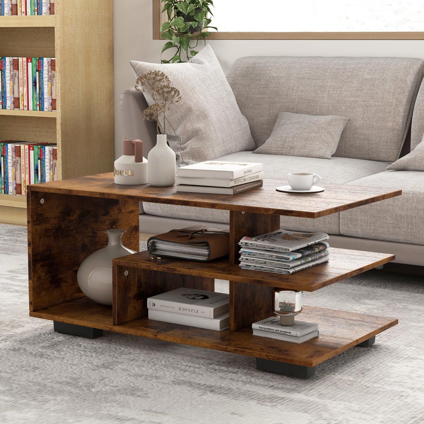 Coffee Table 3 Tier Rectangular Center with L Shaped Middle Shelf