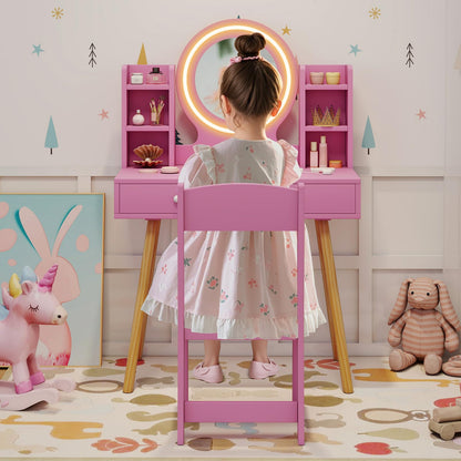 Kids Princess Vanity Desk Set with 2 Color LED Lighted Acrylic Mirror