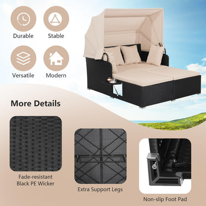 Garden Rattan Daybed with Retractable Canopy and Cushions