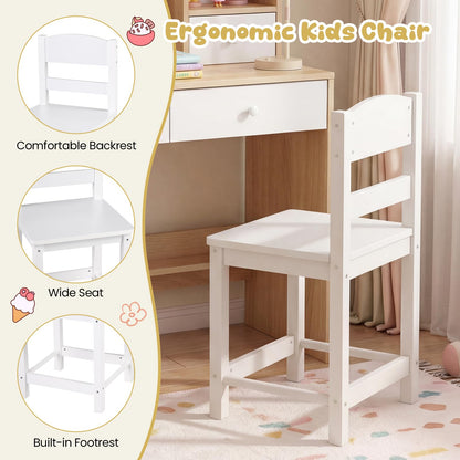 Kids Desk and Chair Set, Wooden Student Study Table with Drawers