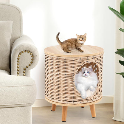 Wicker Cat Bed Ottoman Elevated Cats Cave Sleeping House