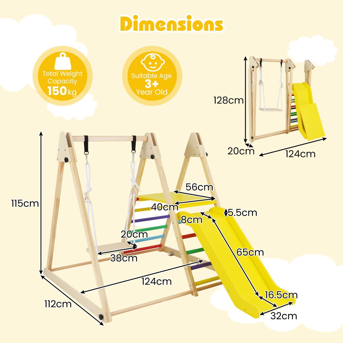 3-in-1 Foldable Indoor Jungle Gym Wooden Climbing Toys with Swing