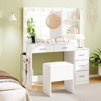 Dressing Table with Large LED Mirror and Storage Stool