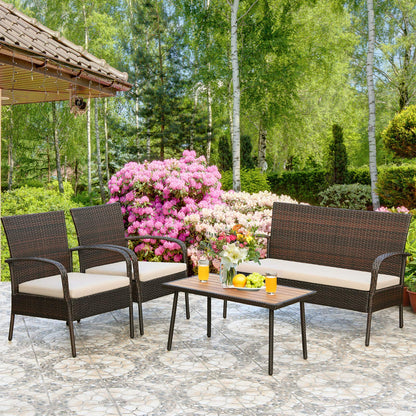 Giantex Garden Furniture Set 4 Piece Patio Conversation Set with Loveseat Coffee Table and 2 Armchairs