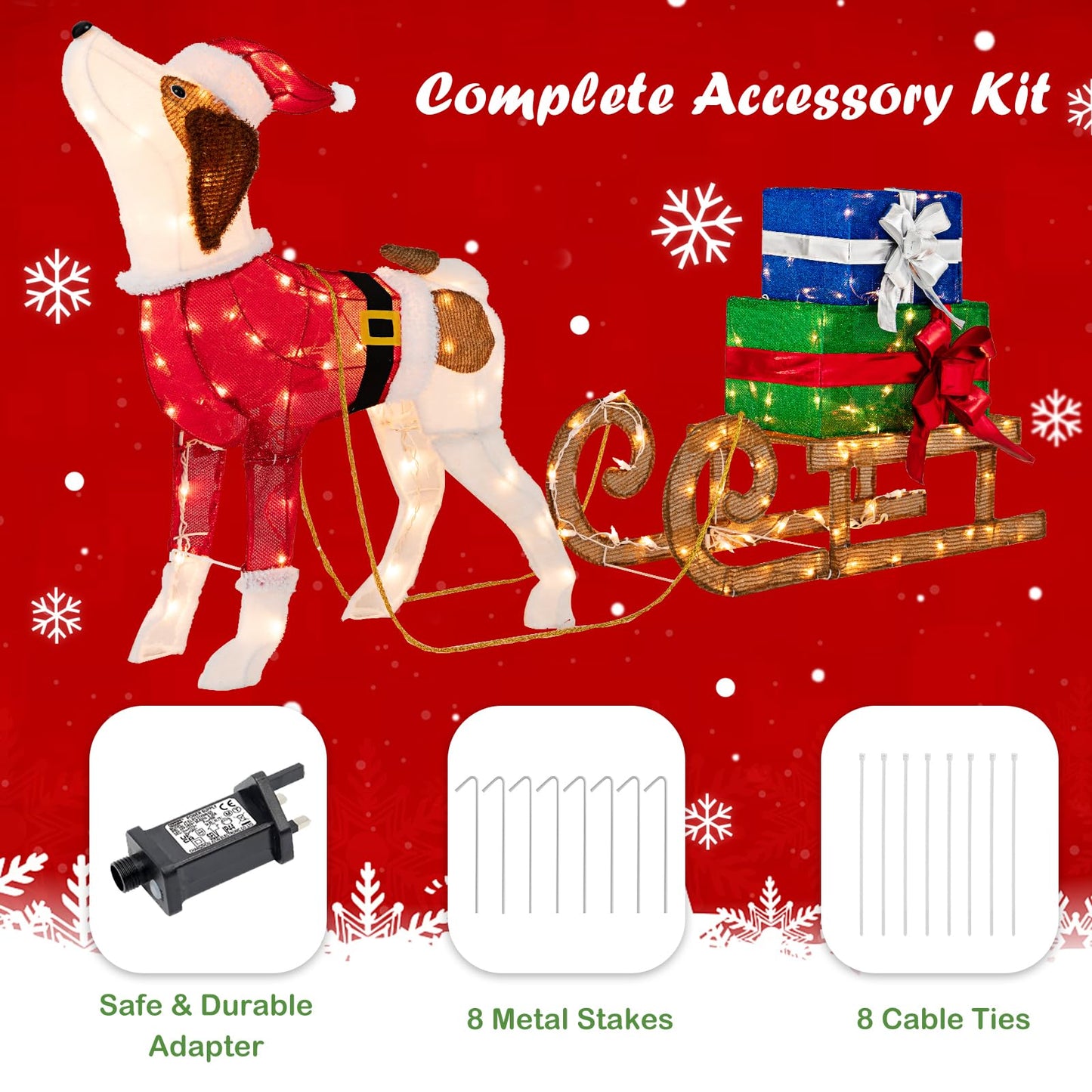 Pre-lit Lighted Christmas Dog Sleigh Gift Boxes Combo Decoration