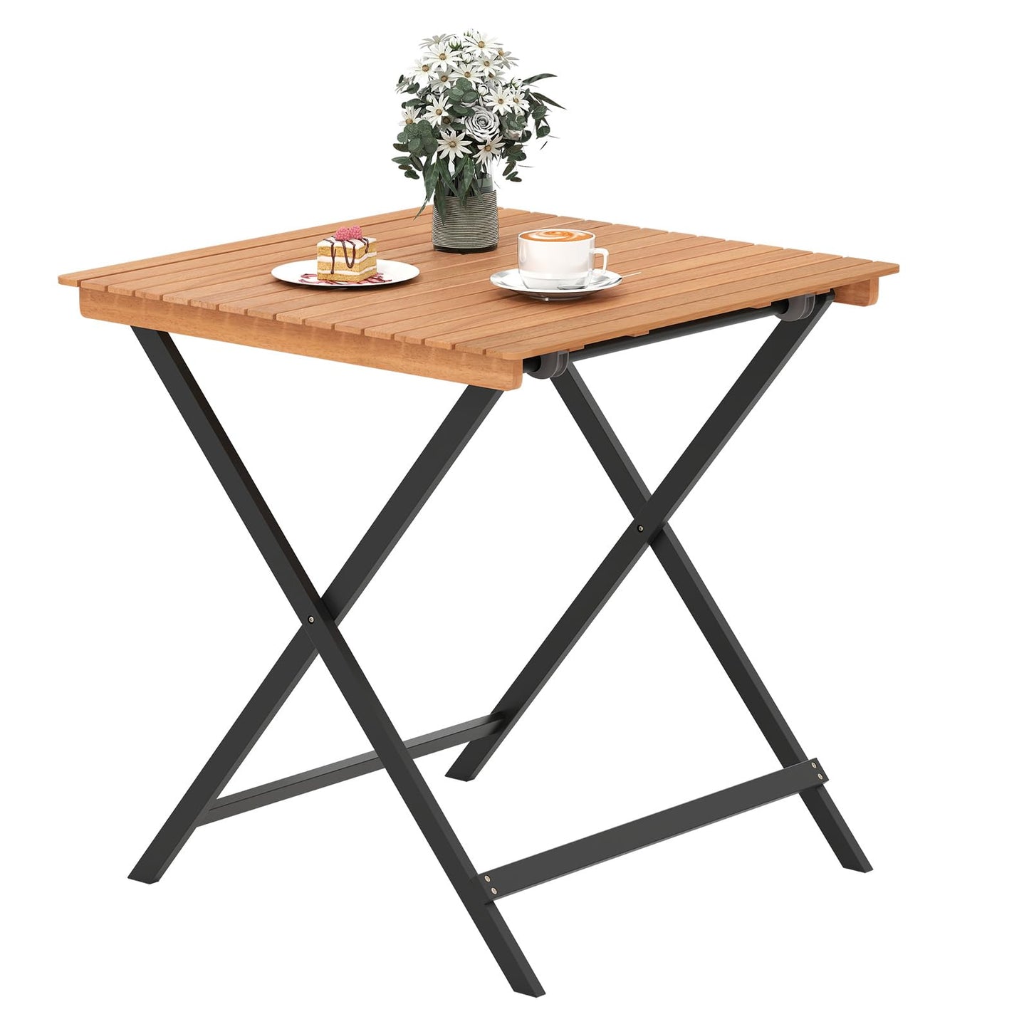 Folding Garden Table, Solid Acacia Wood Outdoor Dining Table with Slatted Top