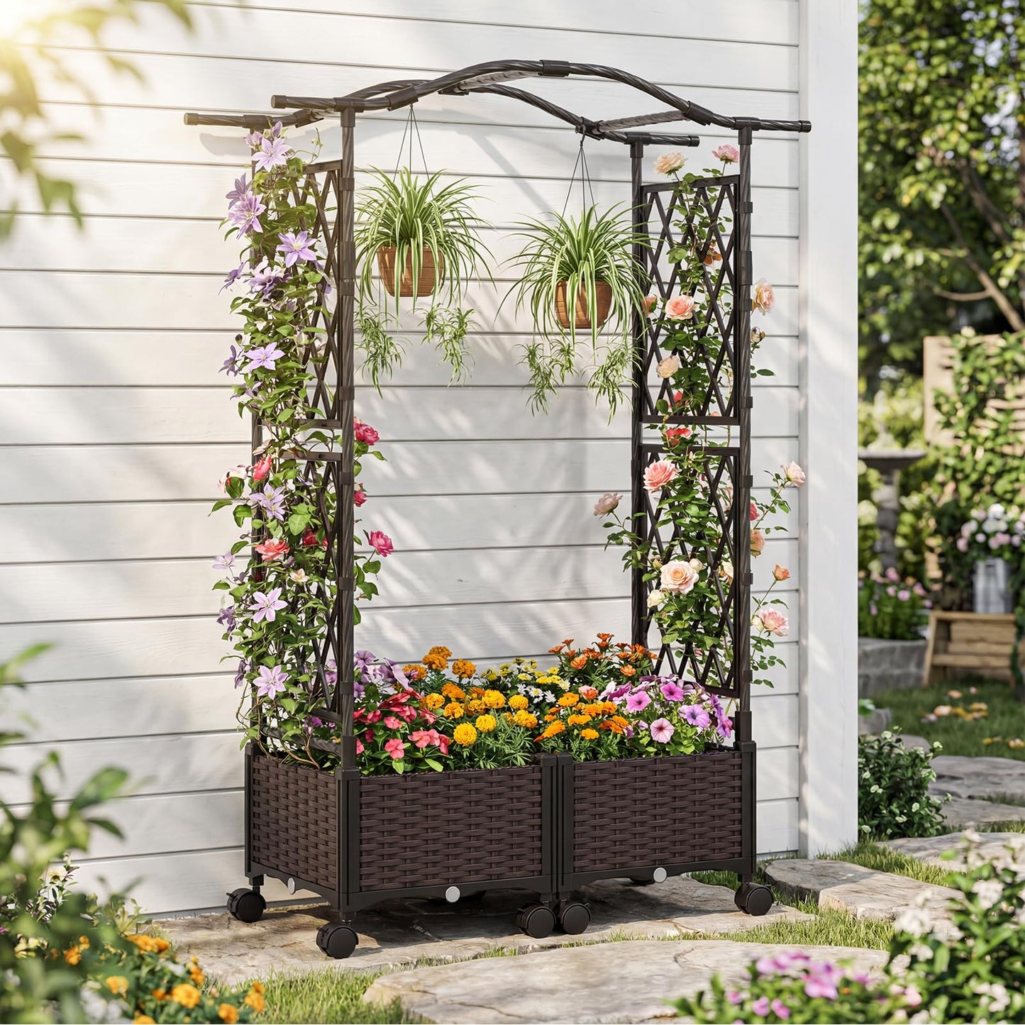 Garden Planter with Trellis & Roof, Self-Watering Raised Garden bed on Lockable Wheels