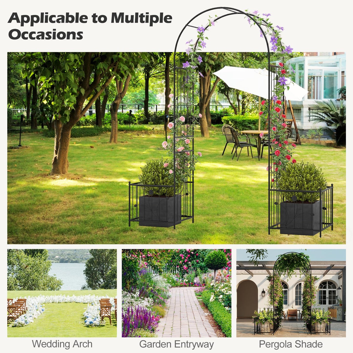 Metal Garden Arbor with Planter Boxes and Ground Stakes for Climbing Plants