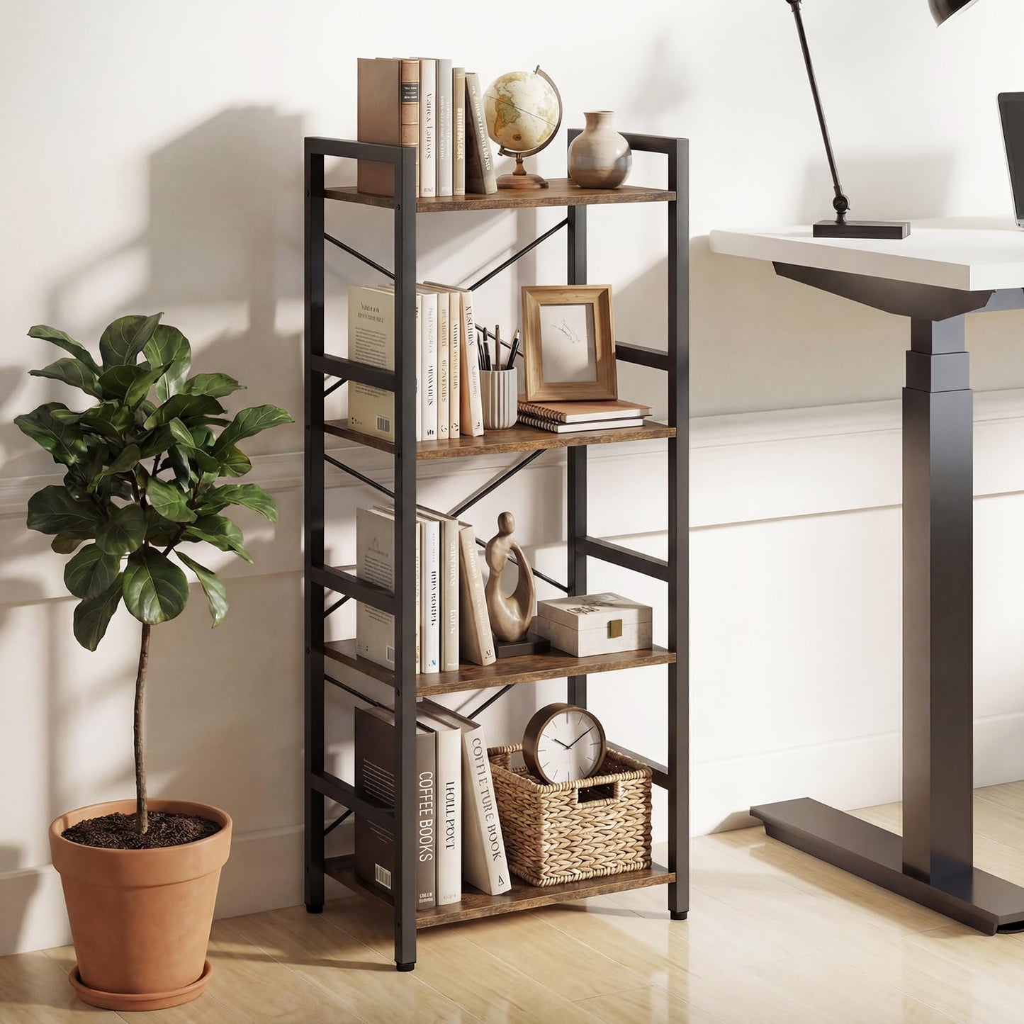 Wooden Storage Bookcase Ladder Shelving Unit with X-Shaped Bar