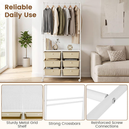 Clothes Rail on Wheels, Clothes Rack with 6 Drawers, Storage Shelf