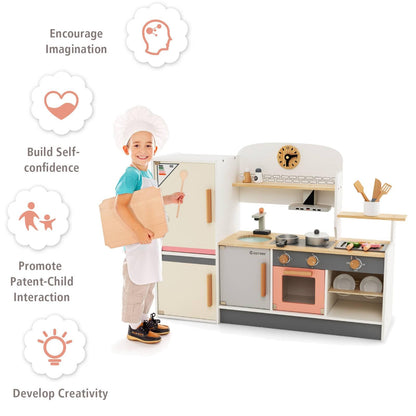 Wooden Pretend Kids Play Kitchen Set with Realistic Range Hood