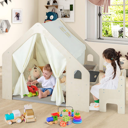 Wooden Playhouse with Floor Mat for 3-6 Years Old