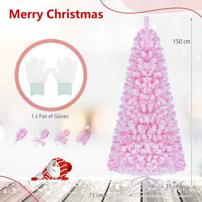 Artificial Christmas Tree, Snow Flocked Xmas Tree with Branch Tips and Foldable Metal Stand