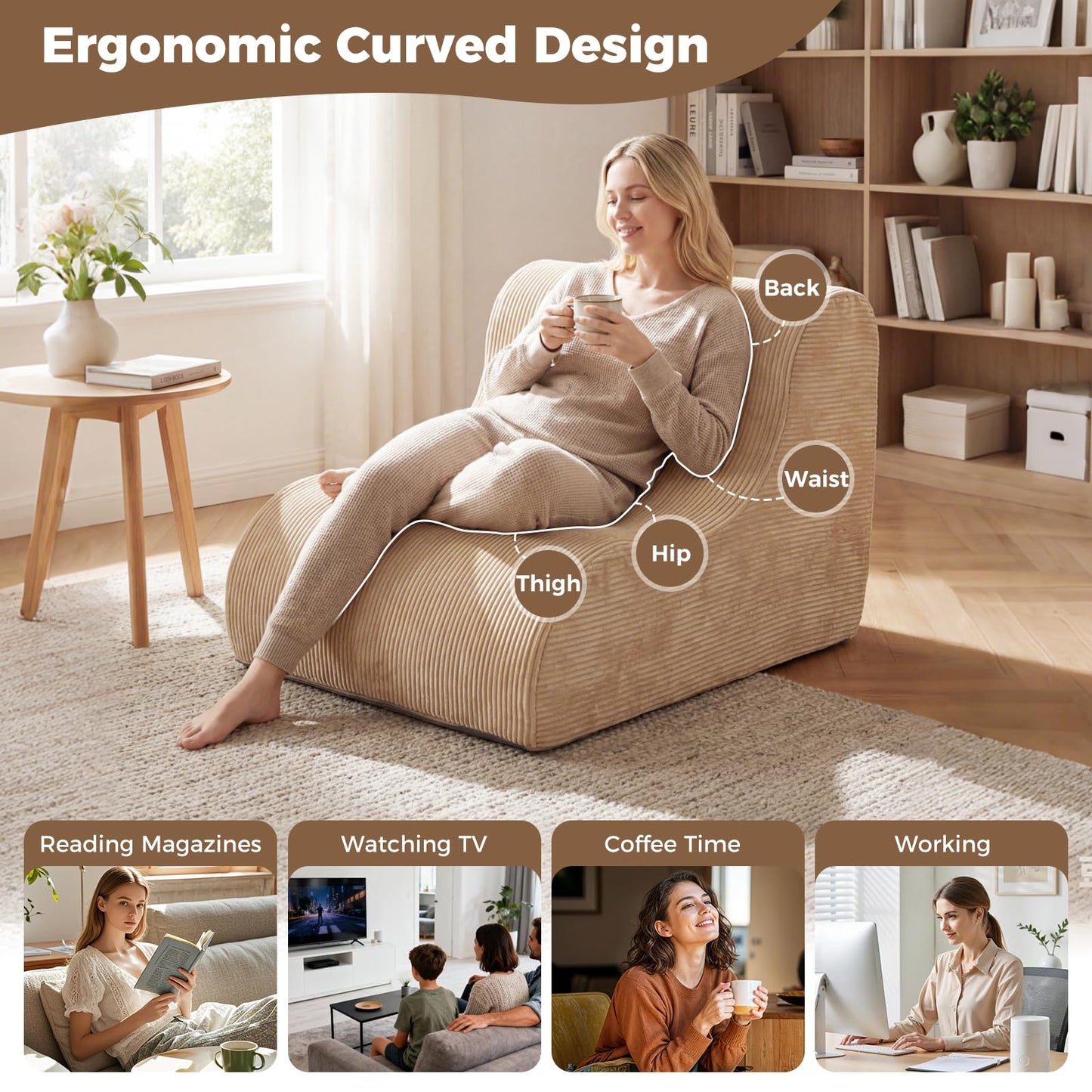 Curved Lazy Floor Sofa with Machine-washable Cover and Anti-slip Bottom