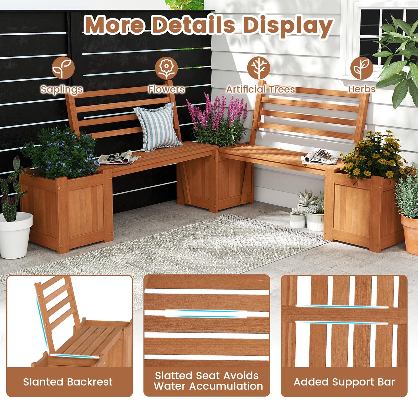 2-in-1 Wooden Planter with Bench, Raised Garden Bed with Open-ended Bottom