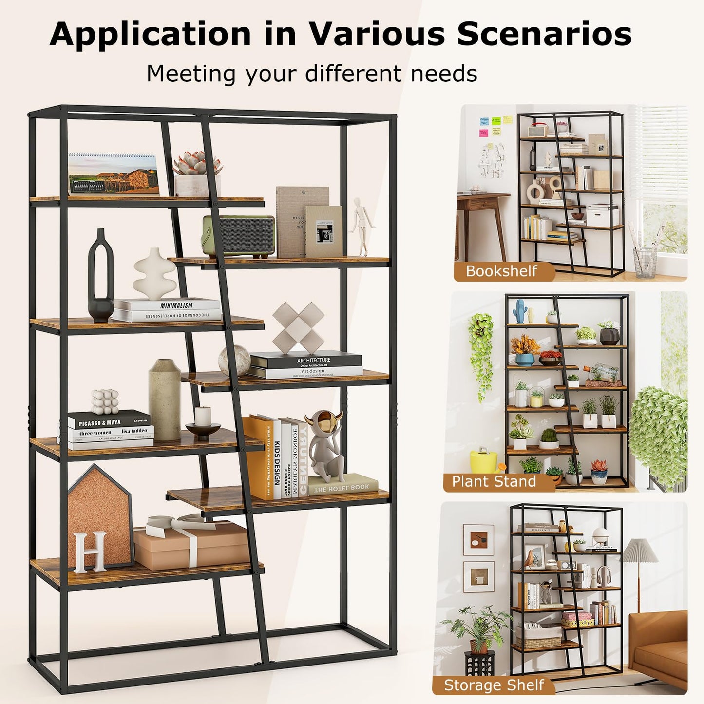 7 Tier Industrial Etagere Bookcase with Heavy duty Metal Frame