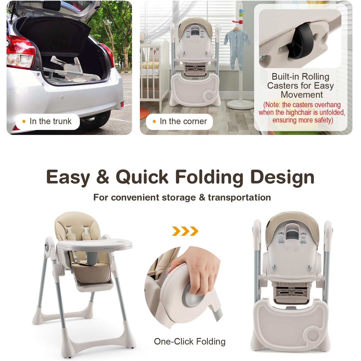 Baby High Chair Foldable Infant Dining Chair with Wheels