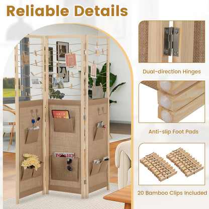 3 Panel Folding Room Divider with 8 Pockets