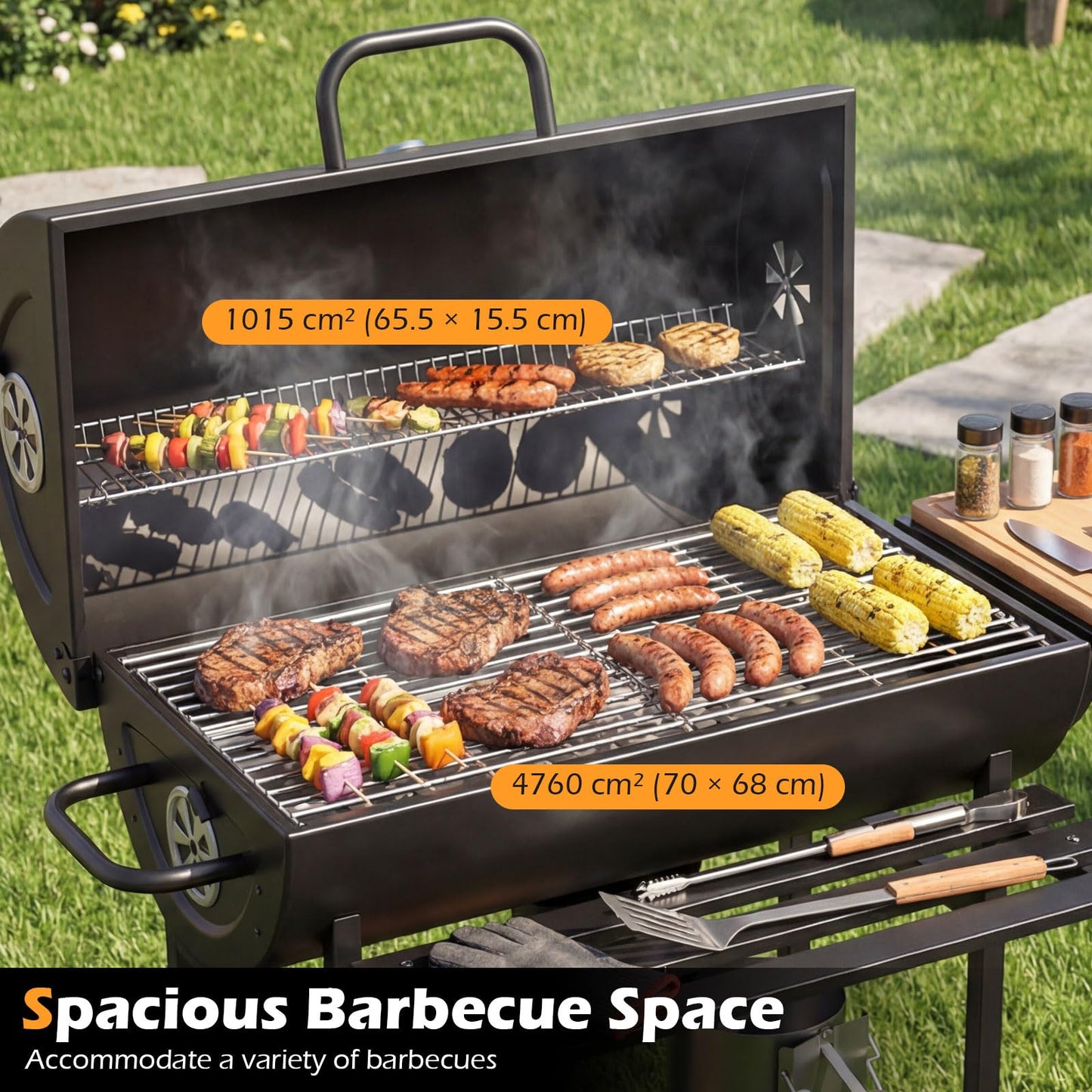 Charcoal BBQ Grill, Garden Barbecue Trolley with Wheels