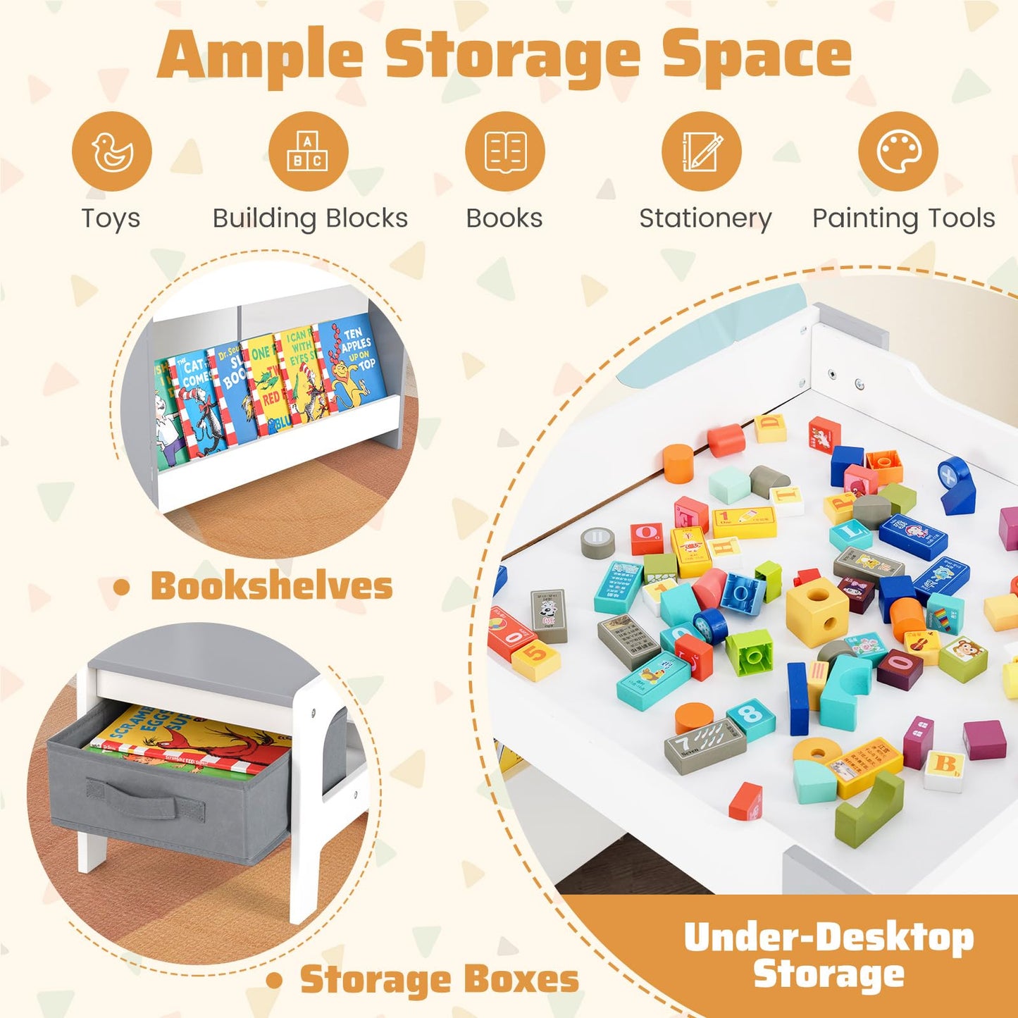 4 in 1 Kids Table and Chairs Set with Reversible Tabletop and Bookshelves