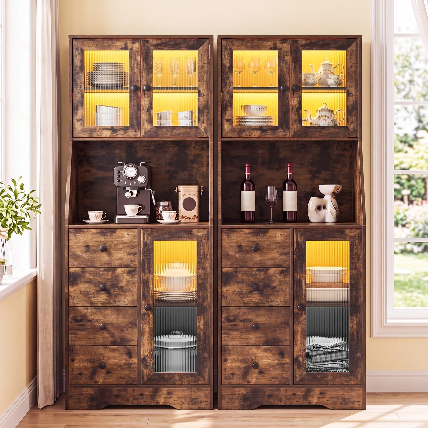 Kitchen Pantry Cabinet with Adjustable LED Lights, 4 Drawers