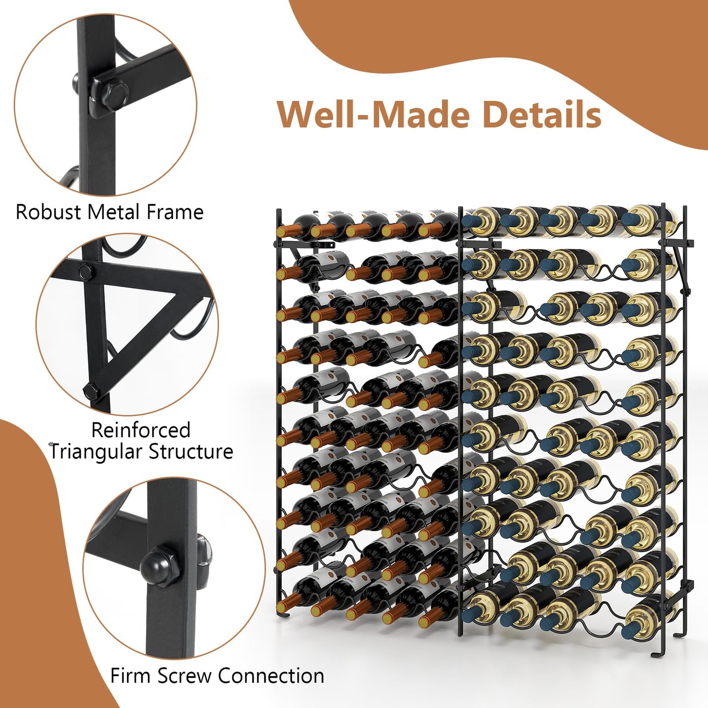100 Bottles Wine Rack, 10-Tier Wine Holder Stand with Wall-Anchored Design