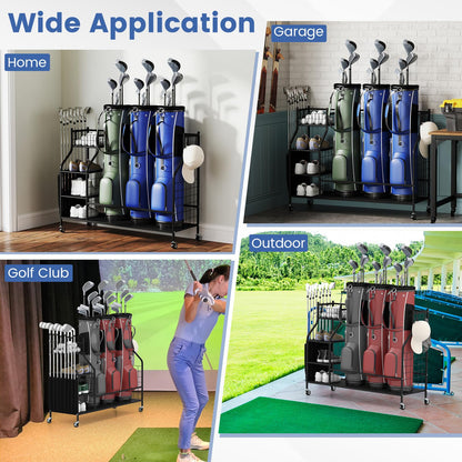 3 Golf Bag Stand for Clubs with Lockable Wheels and Removable Hooks