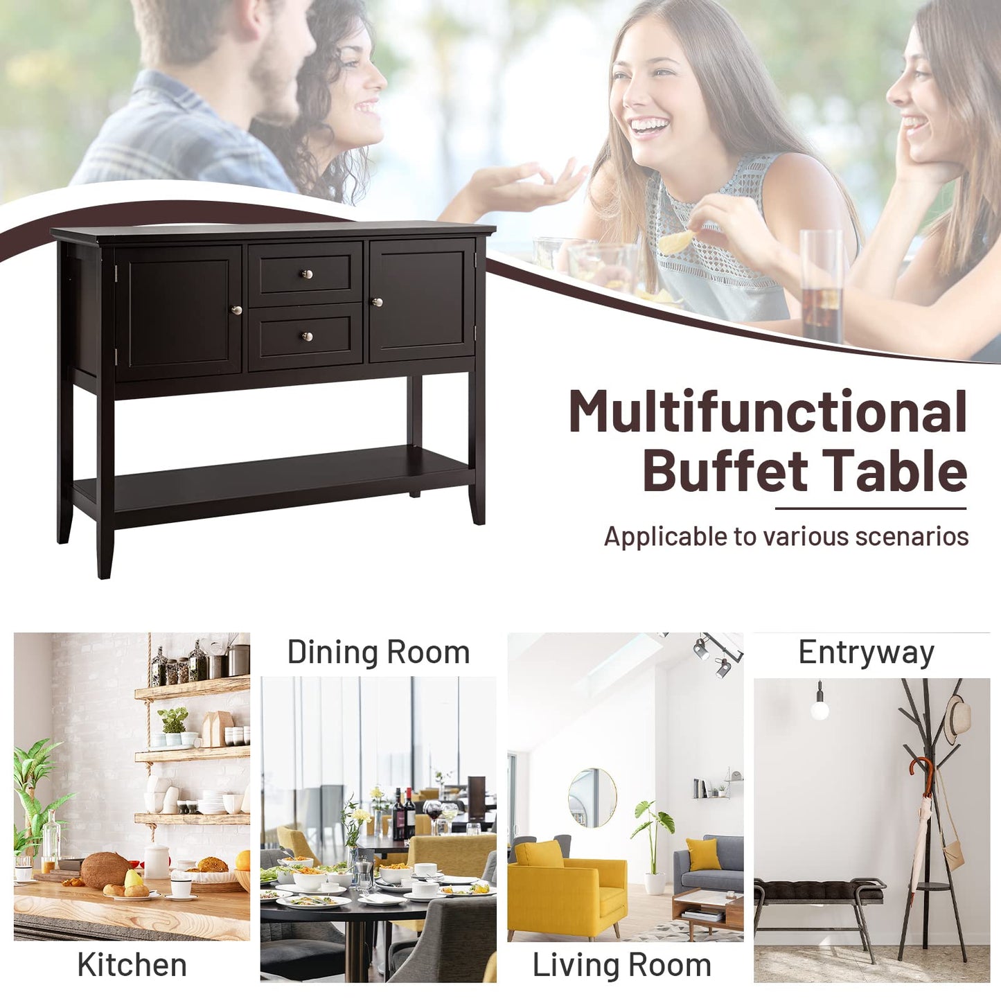 Wooden Buffet Table with Spacious Tabletop and Large Storage Rack