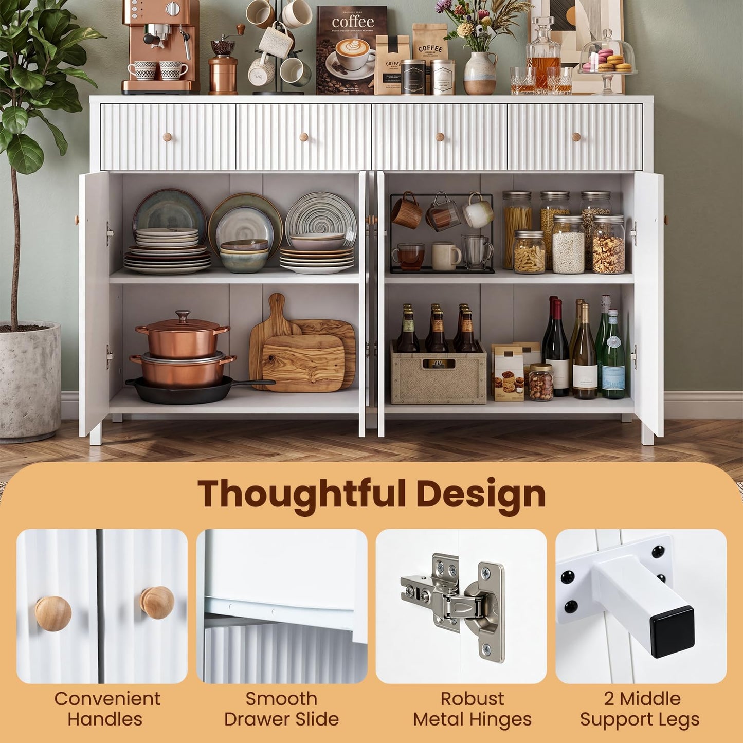 4-Door Kitchen Sideboard, 160cm Wide Buffet Storage Cabinet with 4 Drawers