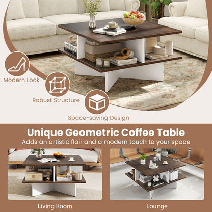 2-Tier Industrial Wooden Square Coffee Table with 4 Storage Shelves
